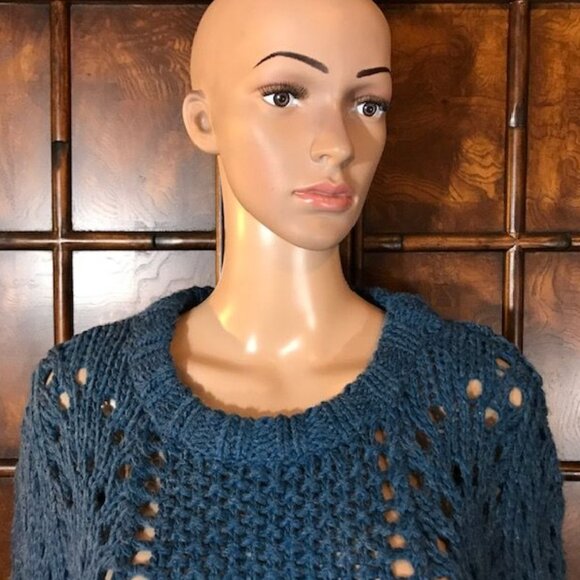 NWOT Cable Stitch Mediterranean Blue Wool Blend Open Weave Sweater - Picture 6 of 12